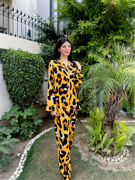 Yellow Leopard Print 2-Piece Stitched Sleepwear