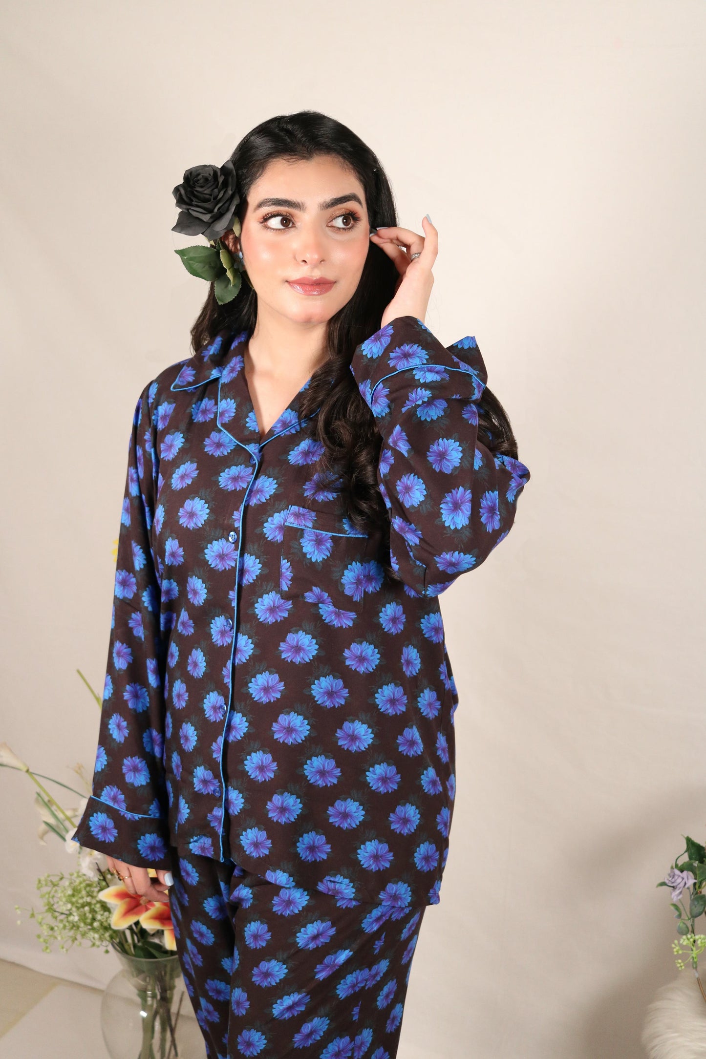 Blue Sunflower 2-Piece Stitched Sleepwear