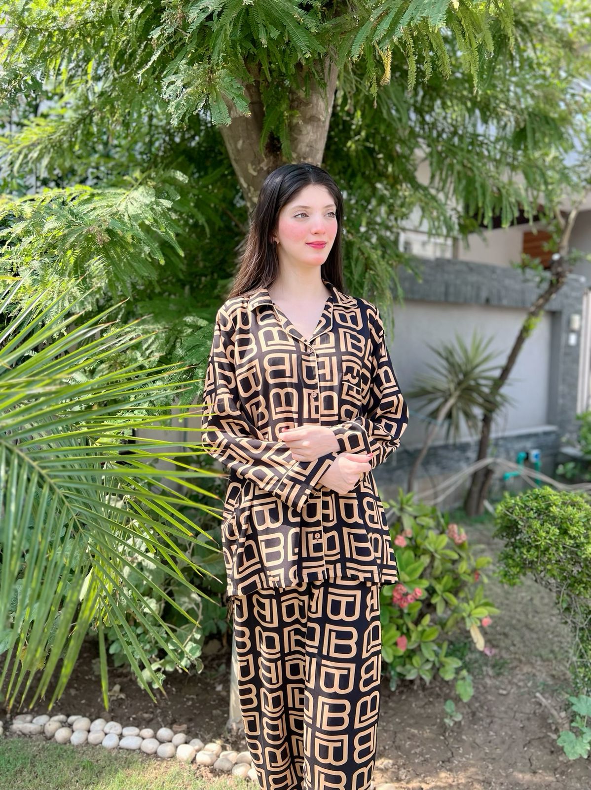 B Print 2-Piece Stitched Sleepwear