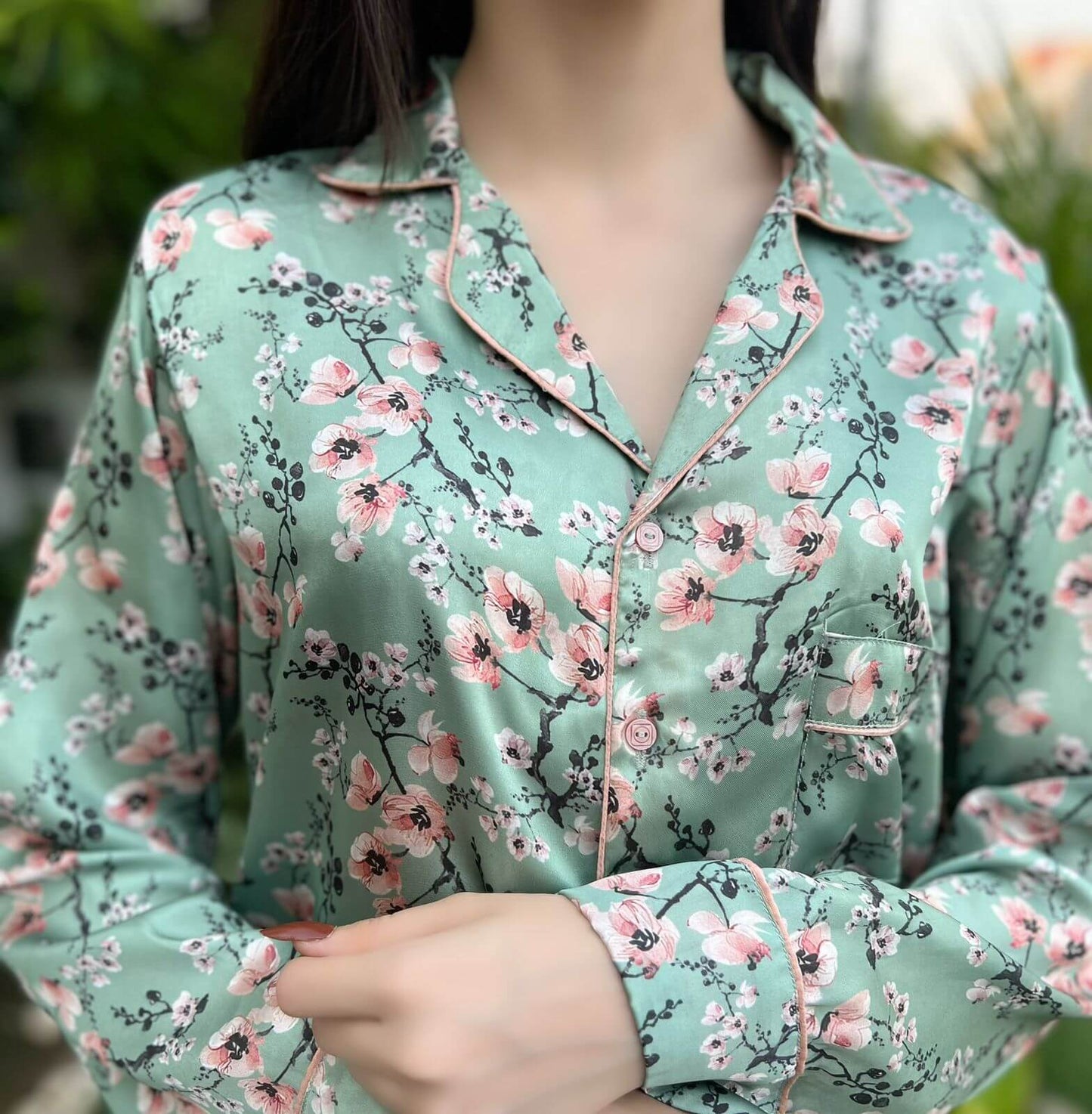 Floral Print 2-Piece Stitched Silk Sleepwear