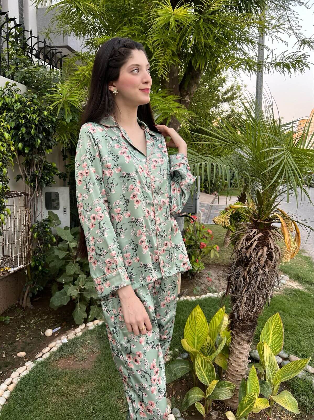 Floral Print 2-Piece Stitched Silk Sleepwear