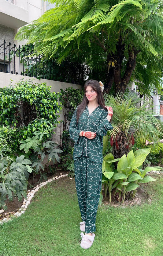 Green Gucci Print 2-Piece Stitched Sleepwear
