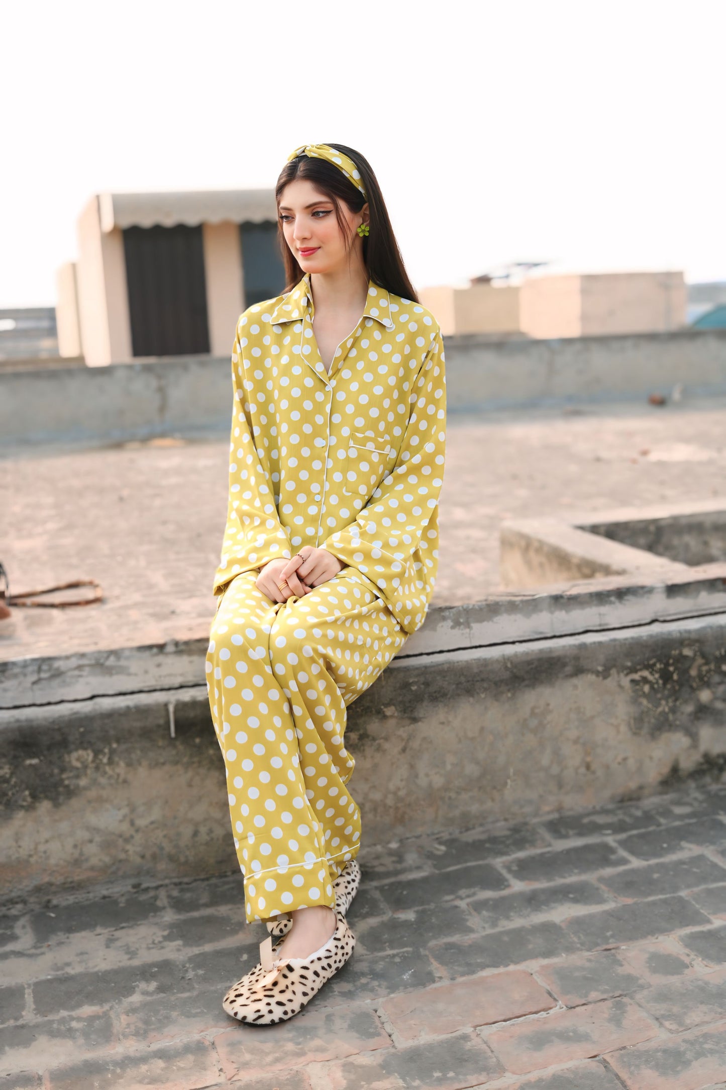 Green Polkadots Print 2-Piece Stitched Sleepwear