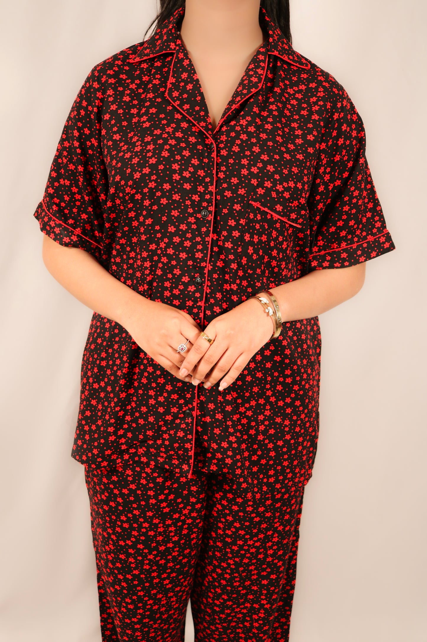 Red Ditsy Flowers 2-Piece Stitched Sleepwear
