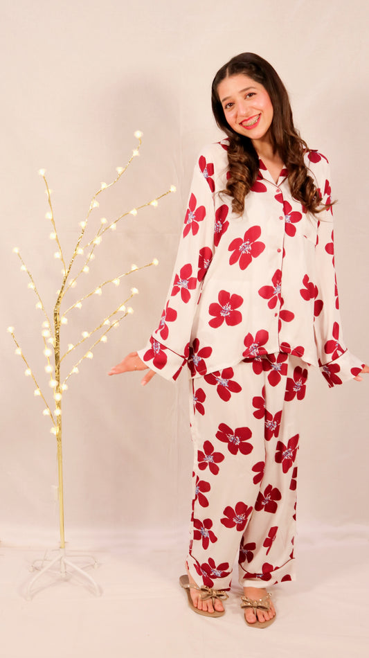 Maroon Flowers 2-Piece Stitched Sleepwear