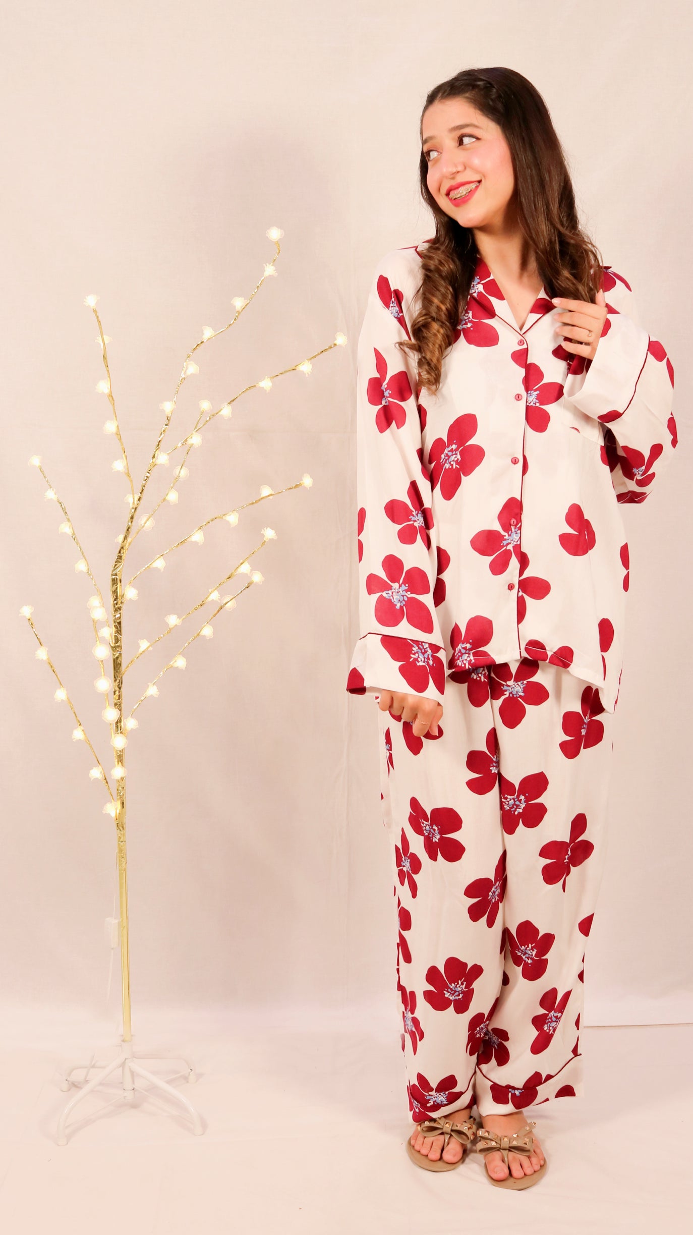 Maroon Flowers 2-Piece Stitched Sleepwear