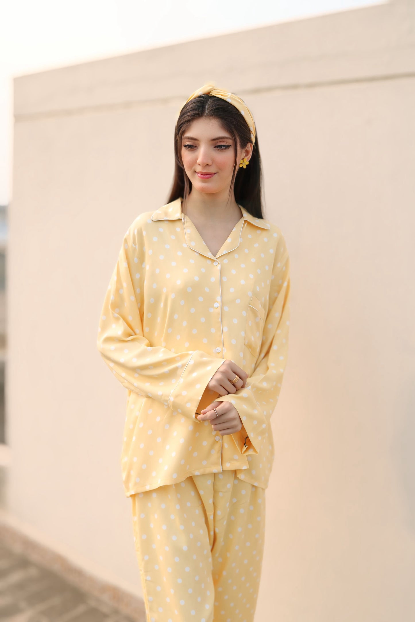 Lemon Yellow Print 2-Piece Stitched Sleepwear