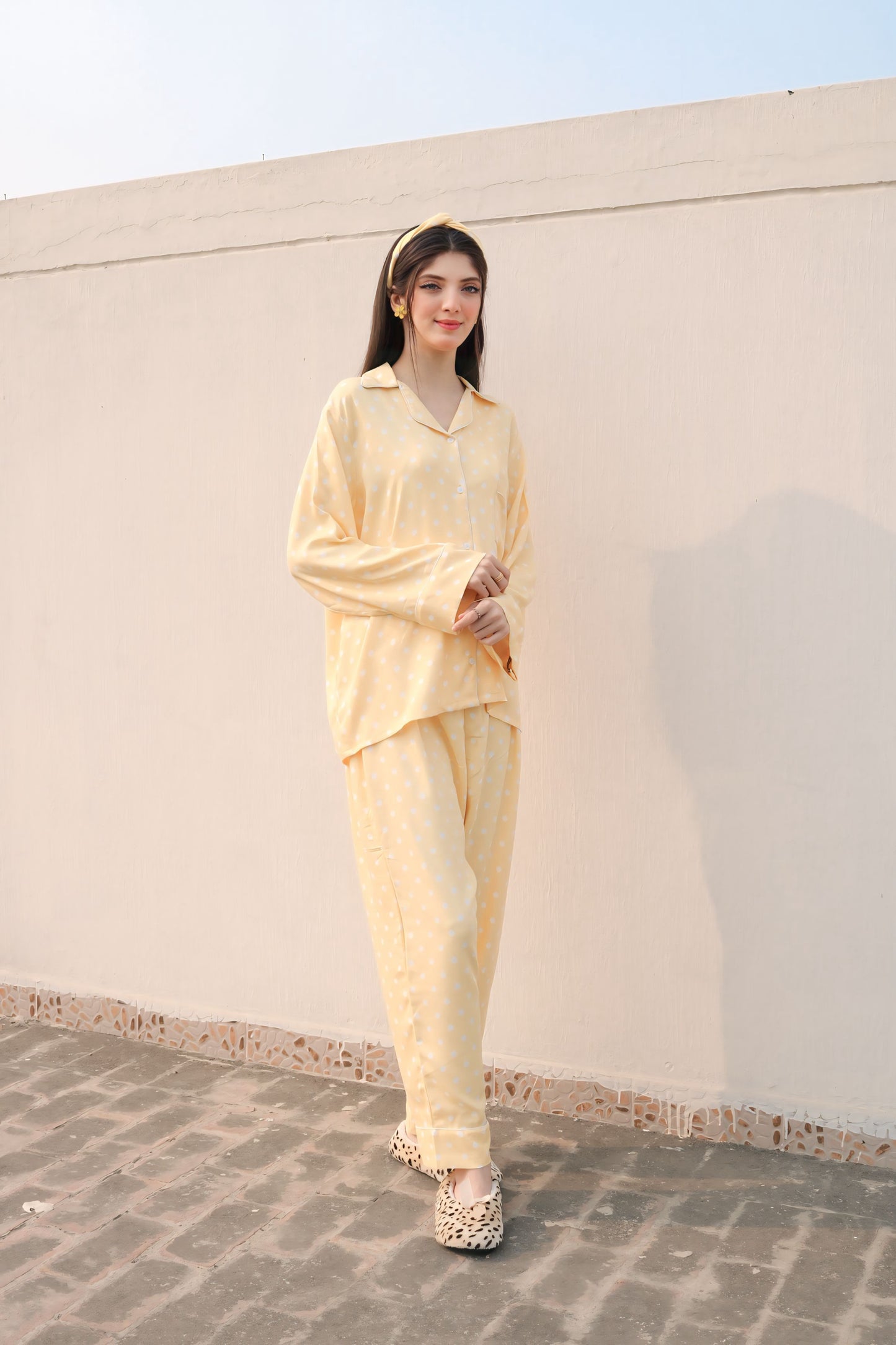 Lemon Yellow Print 2-Piece Stitched Sleepwear