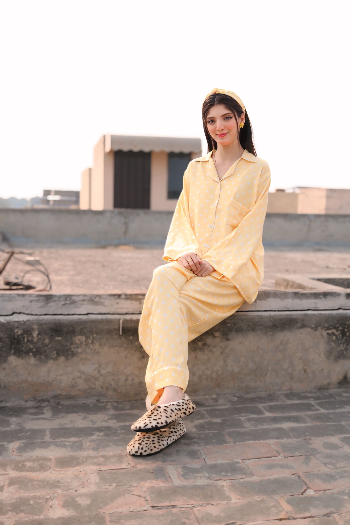 Lemon Yellow Print 2-Piece Stitched Sleepwear