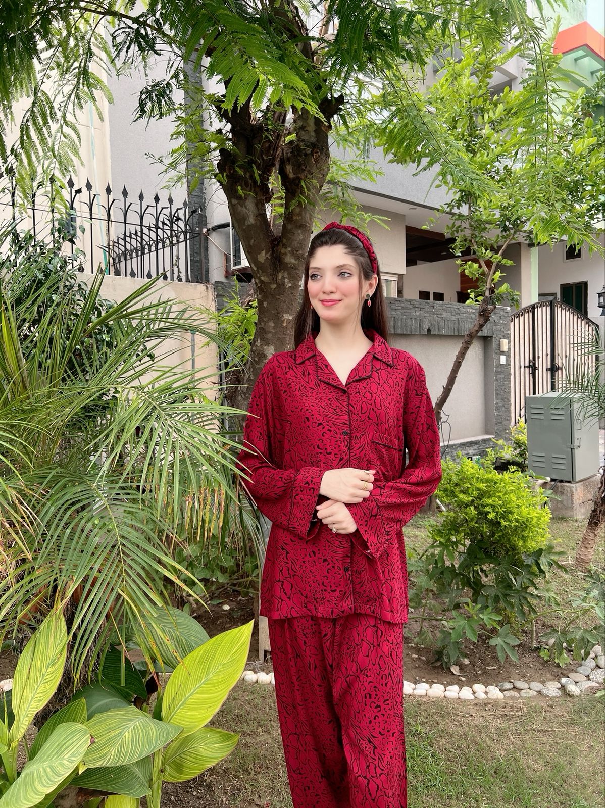 Maroon Cheetah 2-Piece Stitched Sleepwear