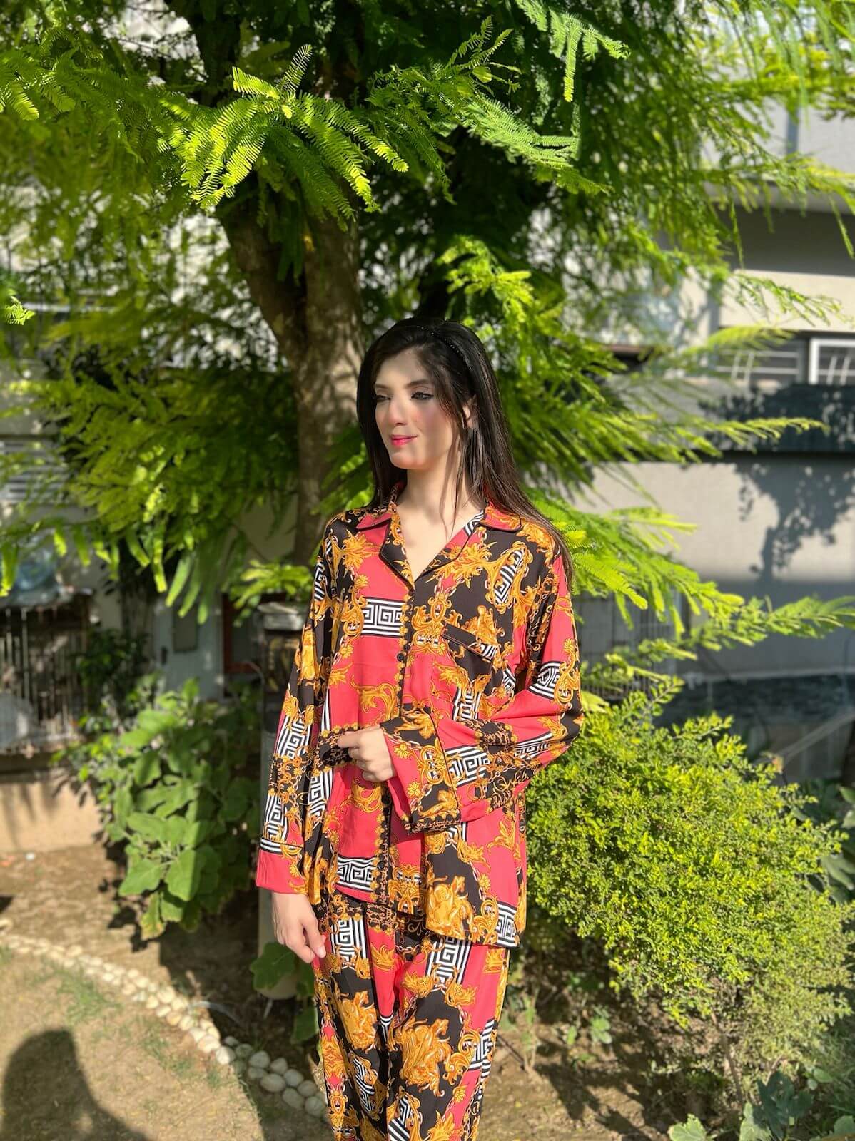 Peach Versace 2-Piece Stitched Sleepwear