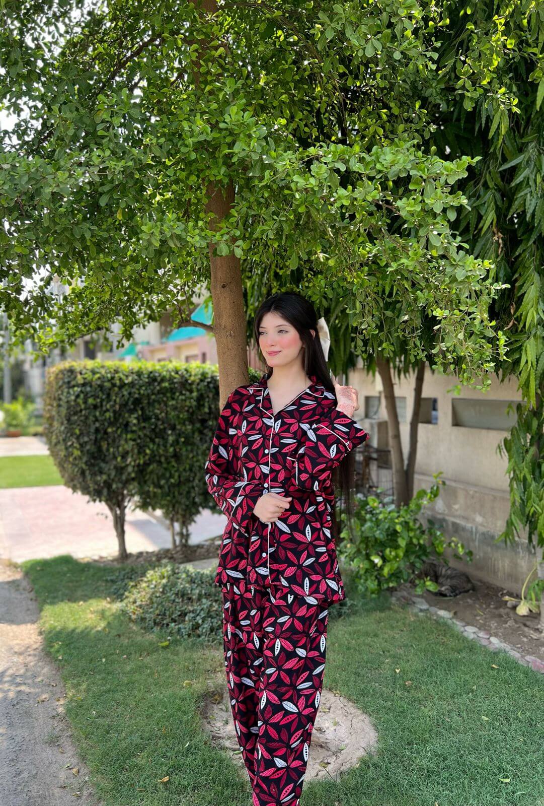 Pink Flower Print 2-Piece Stitched Sleepwear