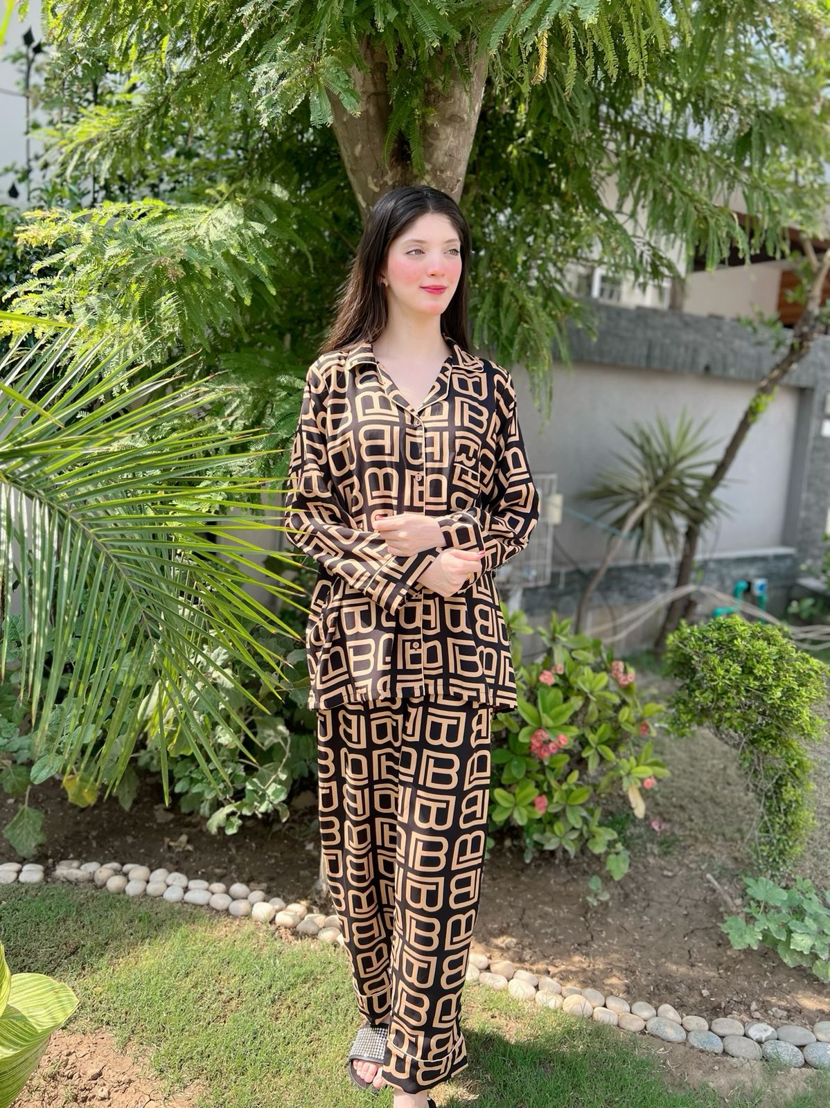 B Print 2-Piece Stitched Sleepwear