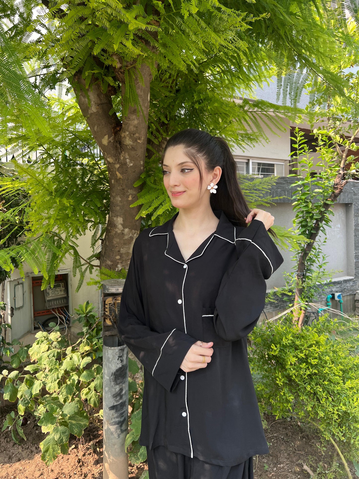 Plain Black 2-Piece Stitched Sleepwear