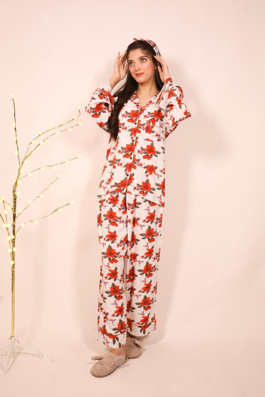 Red Flower – Linen Winter PJ Set
