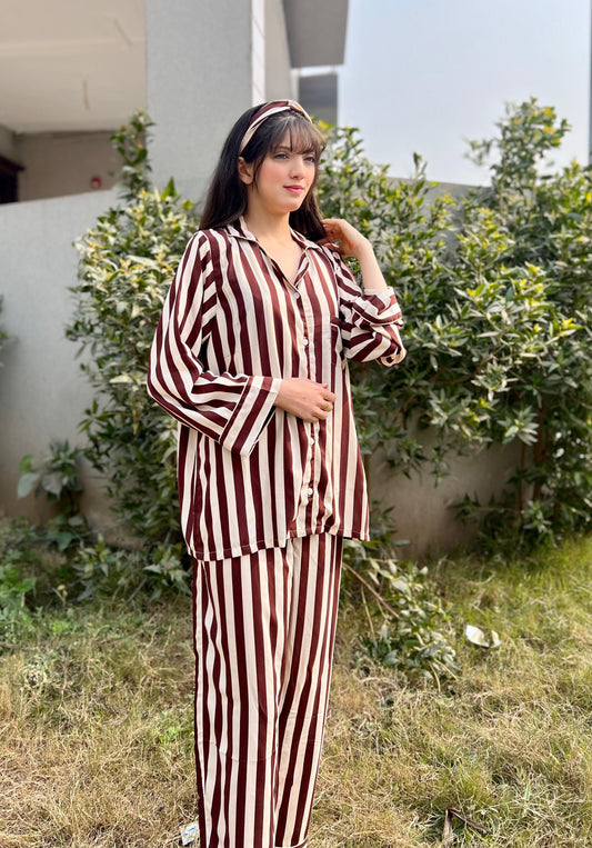 Brown strips 2-Piece Stitched Sleepwear