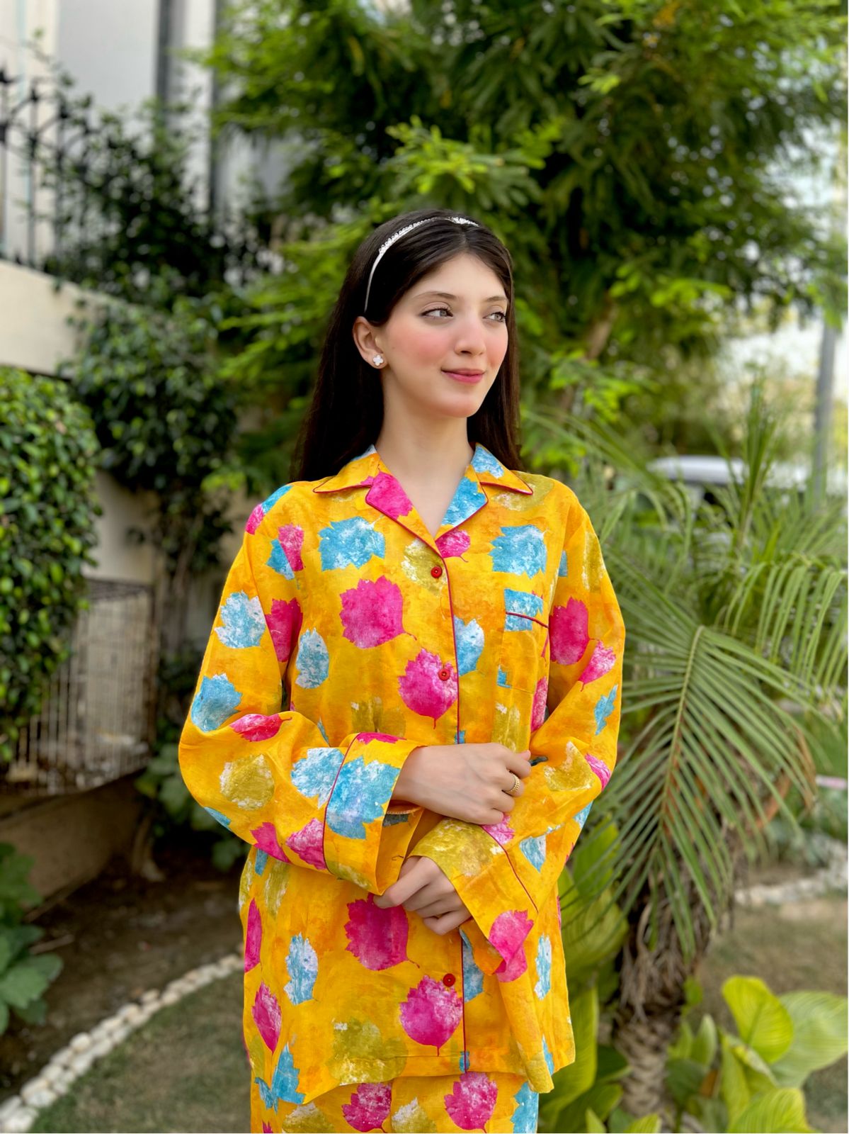 Autumn Leaves Print 2-Piece Stitched Sleepwear