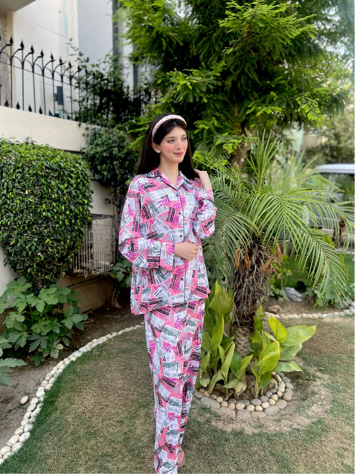 Newspaper Print 2-Piece Stitched Sleepwear