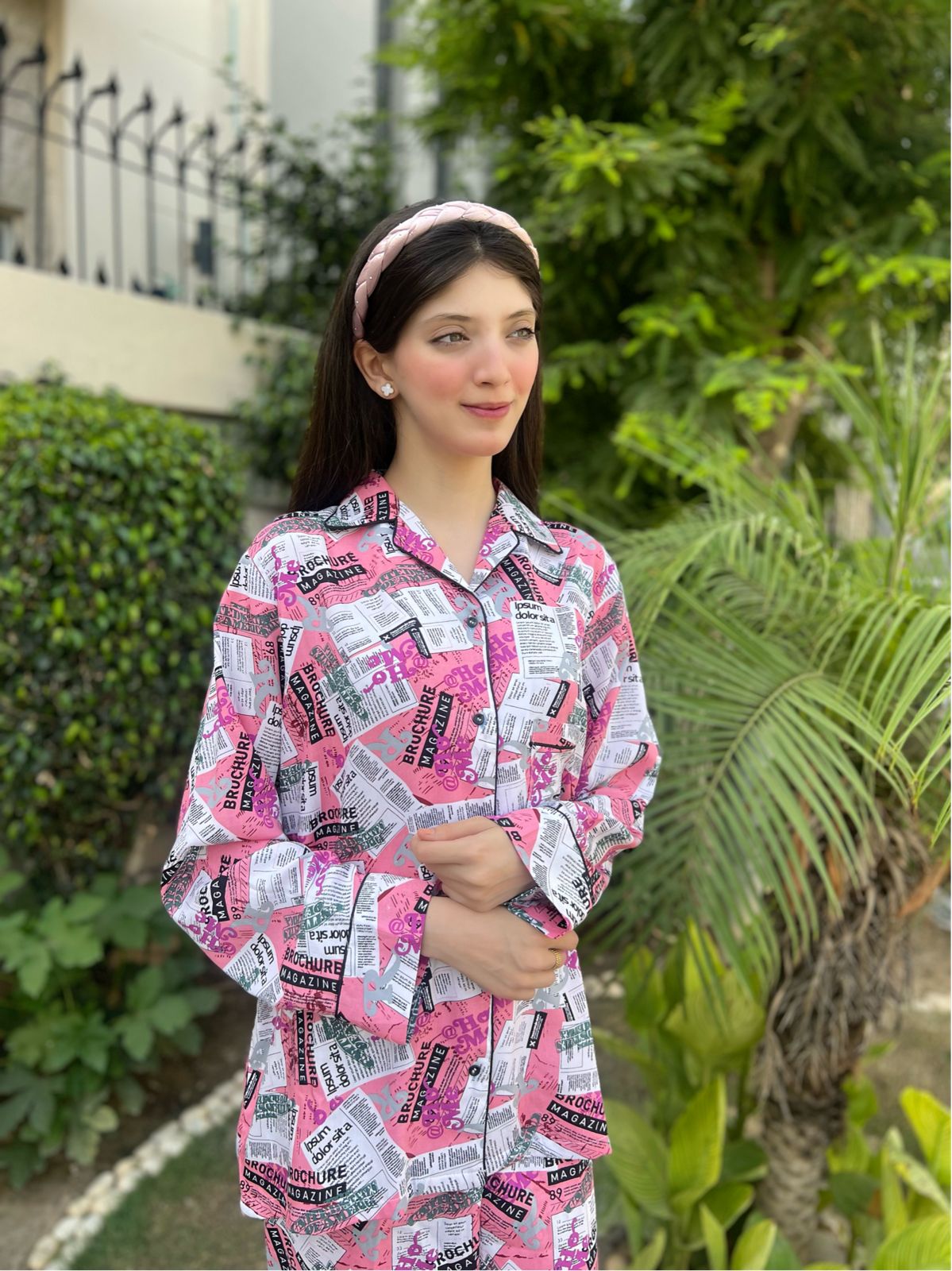 Newspaper Print 2-Piece Stitched Sleepwear