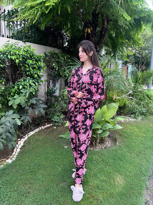 Pink Rose Print 2-Piece Stitched Sleepwear