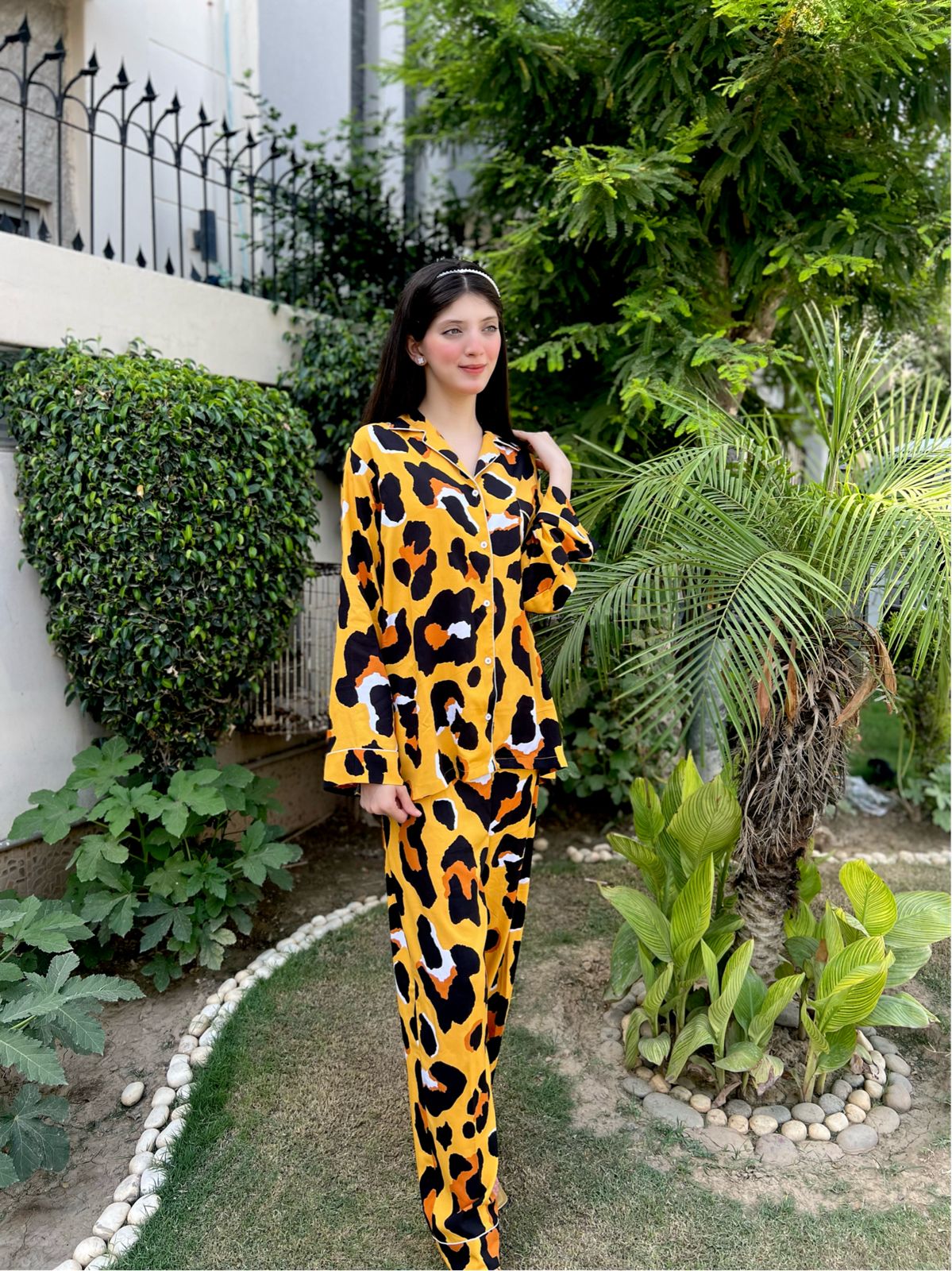 Yellow Leopard Print 2-Piece Stitched Sleepwear
