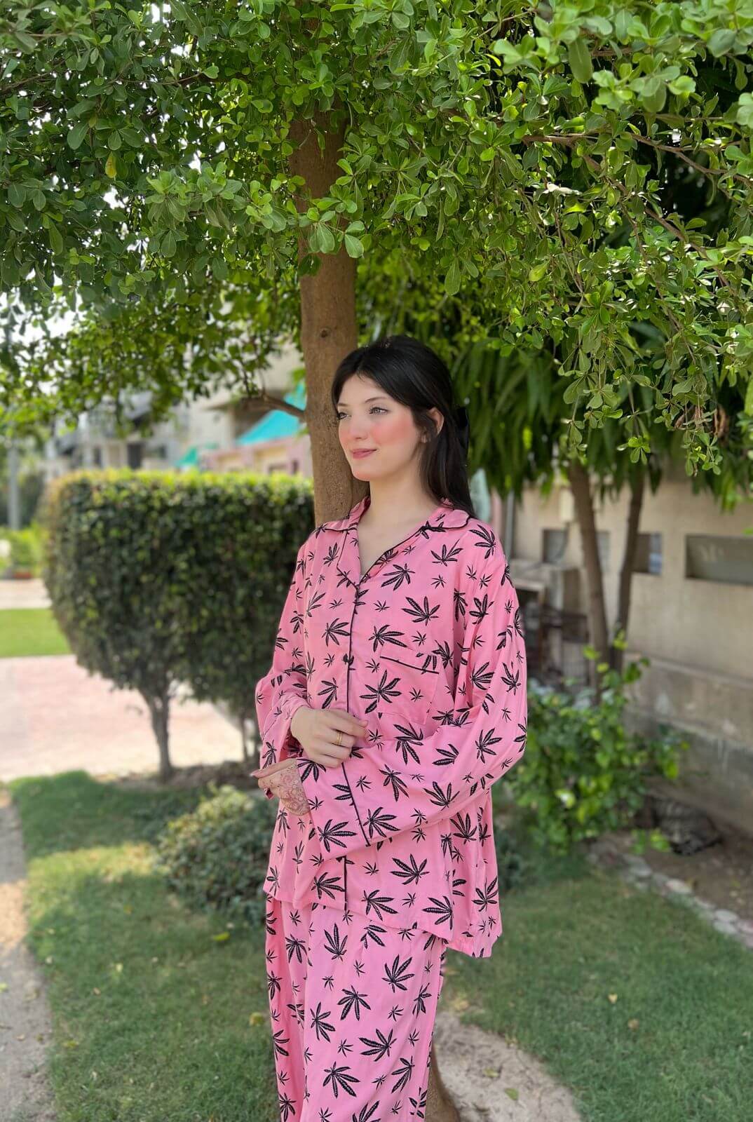 Black Autumn Print 2-Piece Stitched Sleepwear