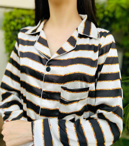 Black & White Lines Print 2-Piece Stitched Sleepwear