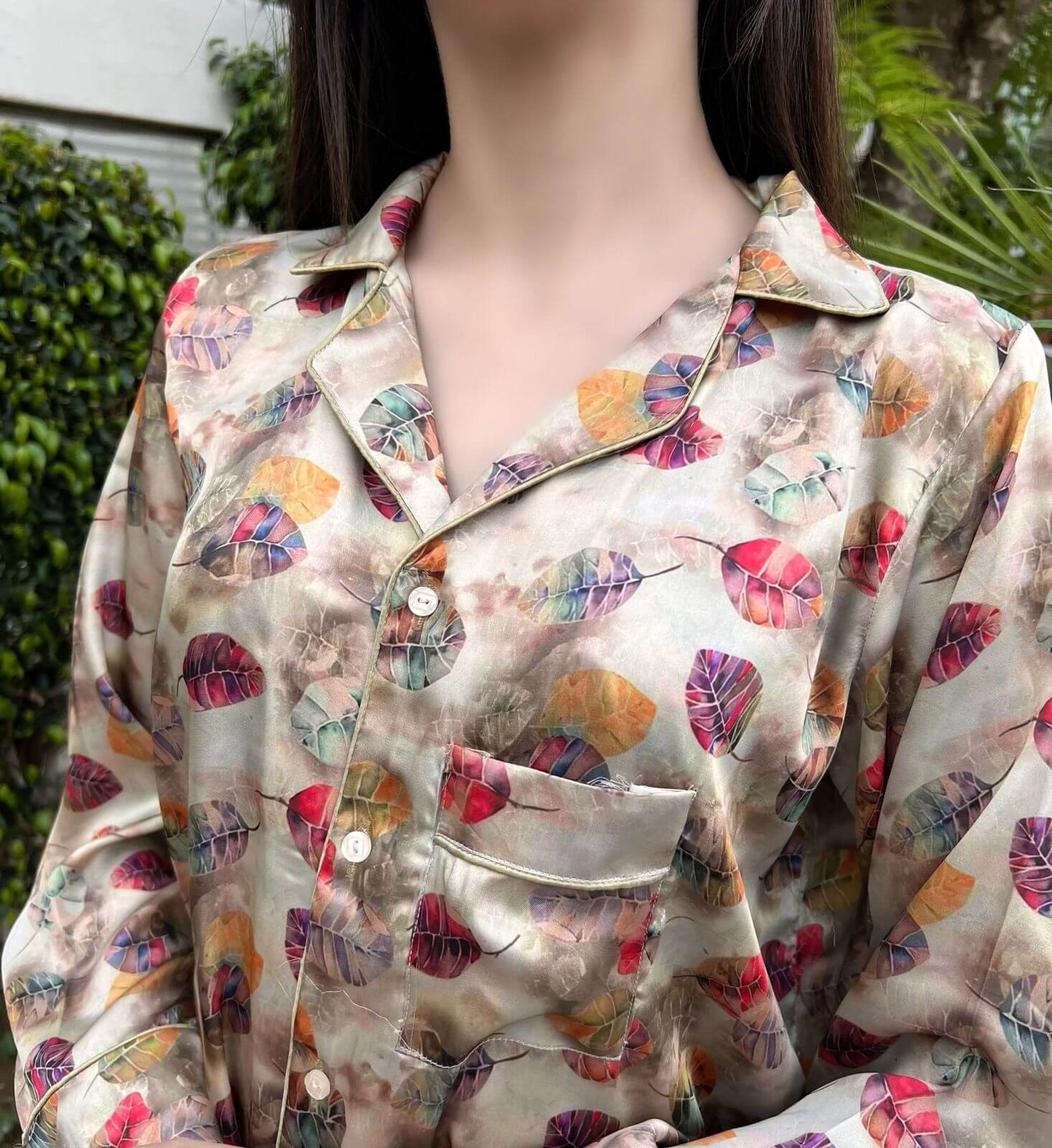 Colourfull Leaves Print 2-Piece Stitched Sleepwear