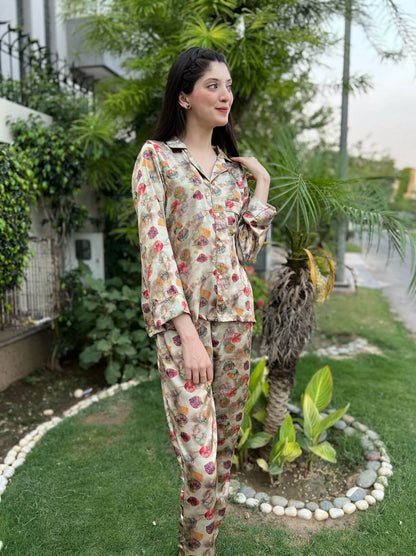 Colourfull Leaves Print 2-Piece Stitched Sleepwear