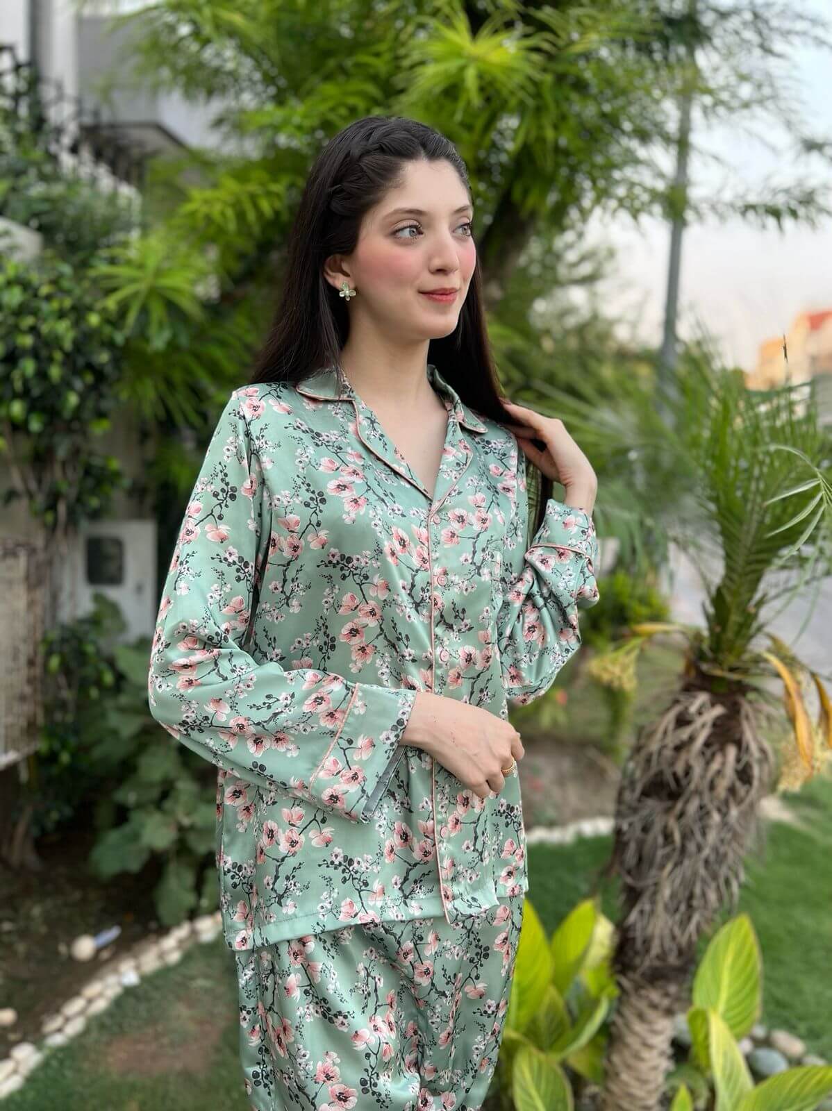 Floral Print 2-Piece Stitched Silk Sleepwear