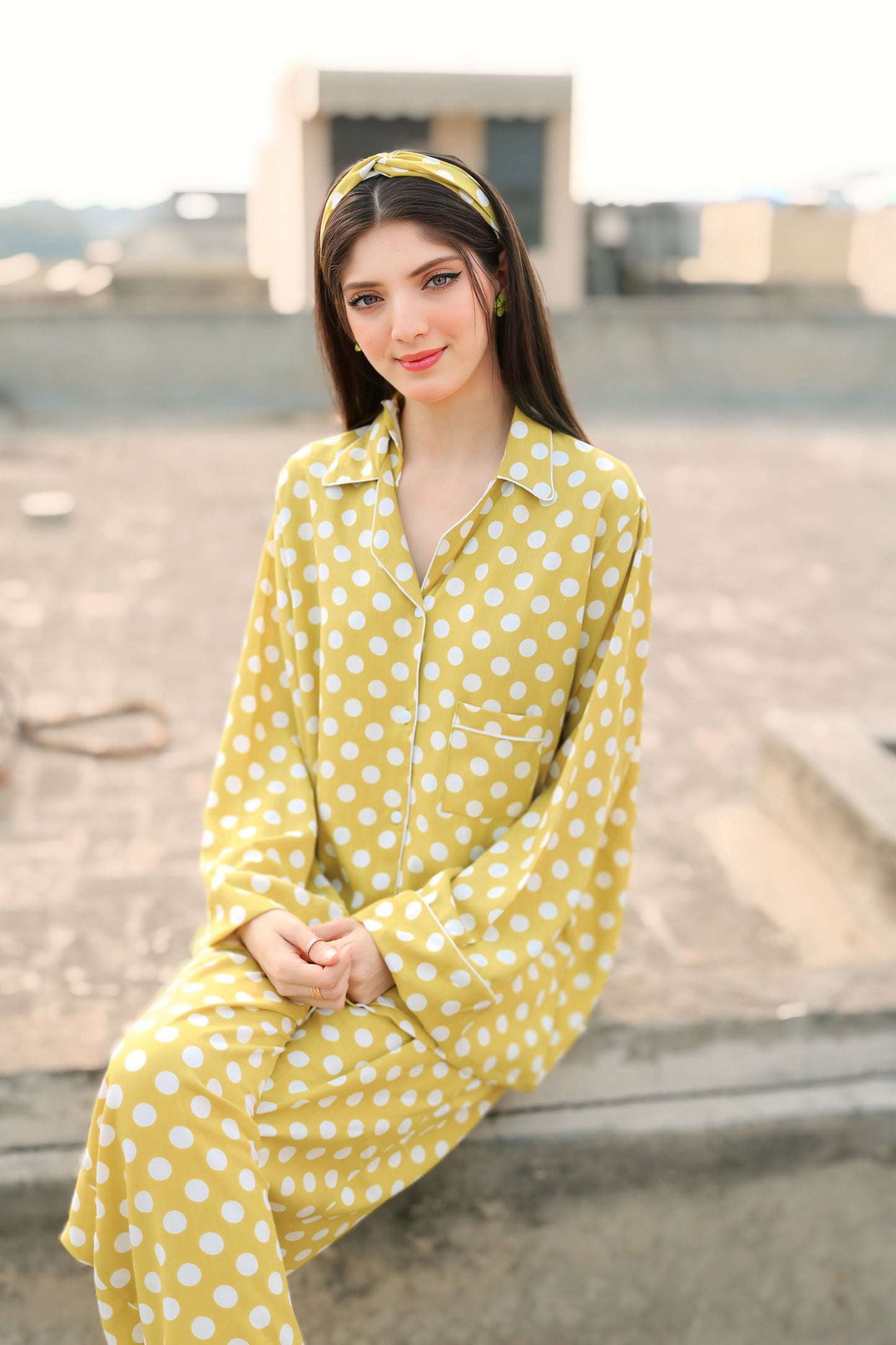 Green Polkadots Print 2-Piece Stitched Sleepwear