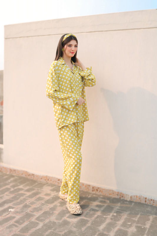 Green Polkadots Print 2-Piece Stitched Sleepwear