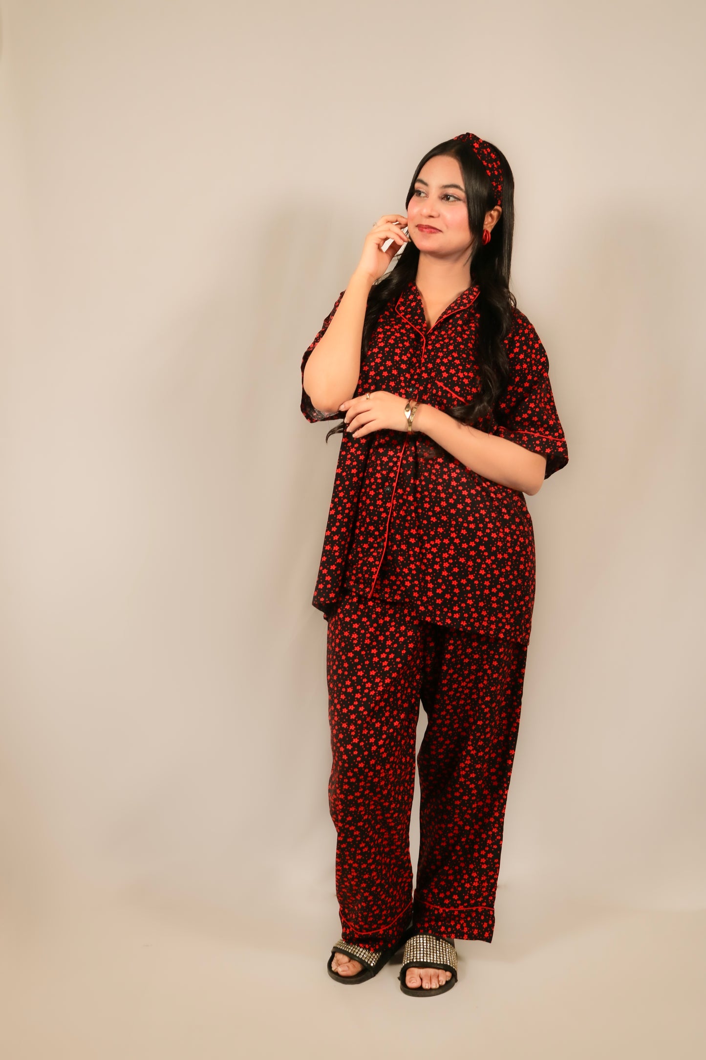 Red Ditsy Flowers 2-Piece Stitched Sleepwear