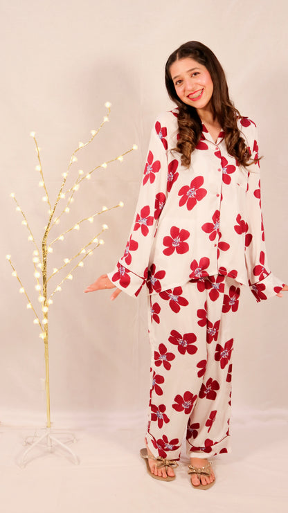 Maroon Flowers 2-Piece Stitched Sleepwear