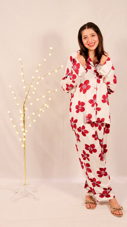 Maroon Flowers 2-Piece Stitched Sleepwear
