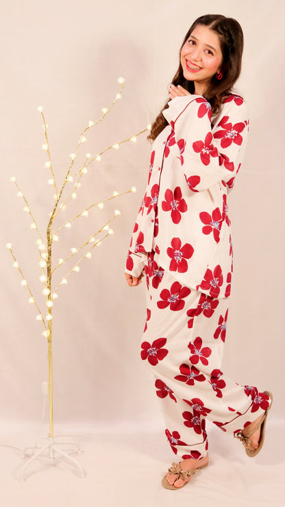 Maroon Flowers 2-Piece Stitched Sleepwear