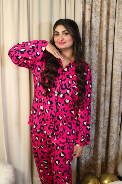 Pink Cheetah Print 2-Piece Stitched Sleepwear