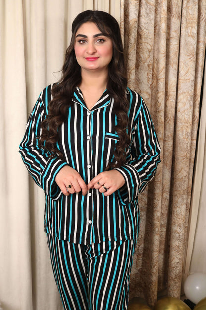 Blue Lines Print 2-Piece Stitched Sleepwear