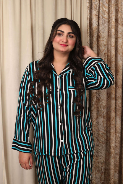 Blue Lines Print 2-Piece Stitched Sleepwear