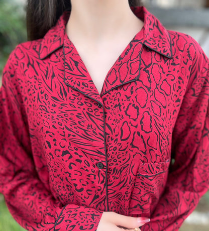 Maroon Cheetah 2-Piece Stitched Sleepwear