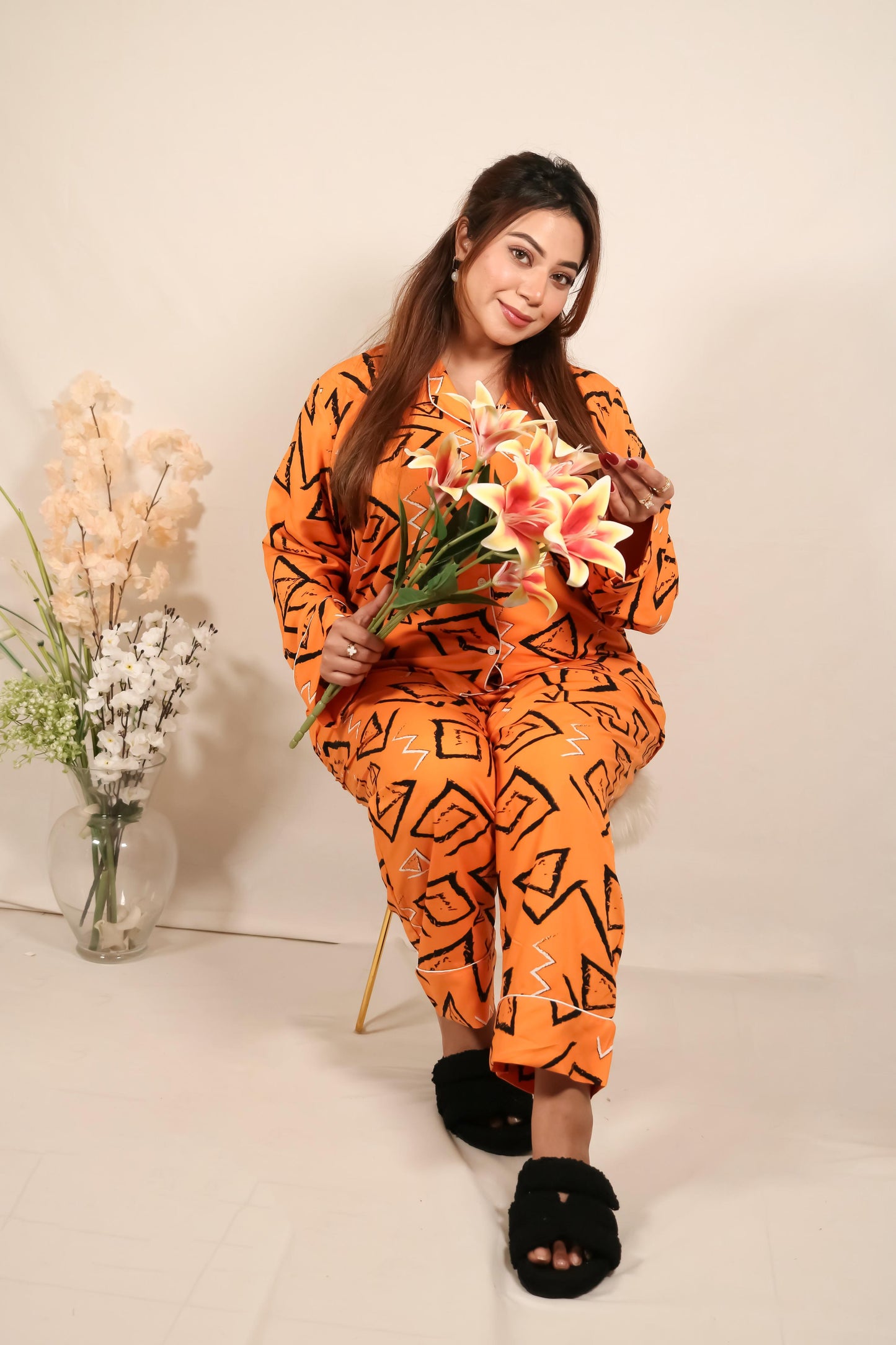 Orange 3D 2-Piece Stitched Sleepwear