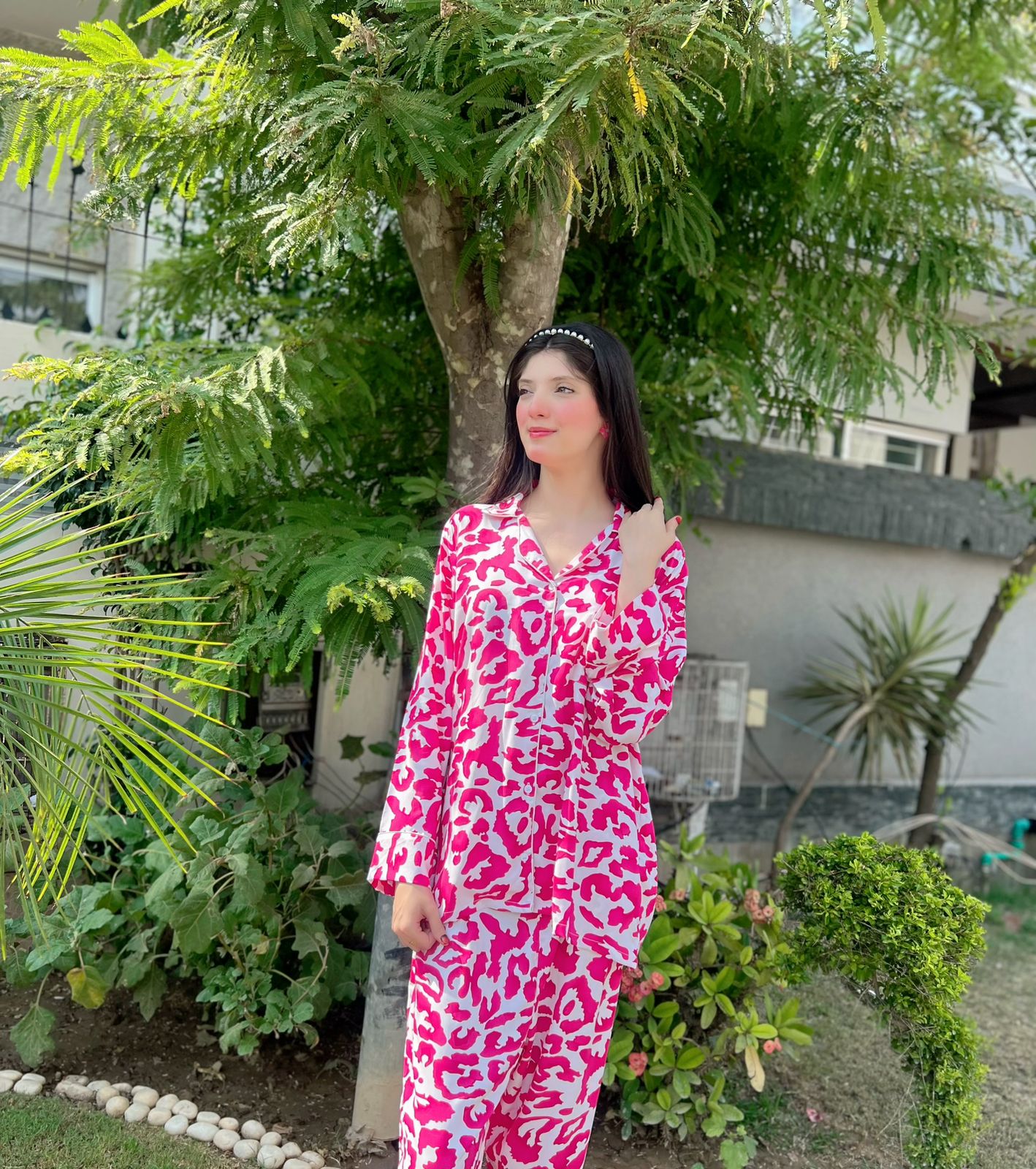 Pink Leopard Print 2-Piece Stitched Sleepwear