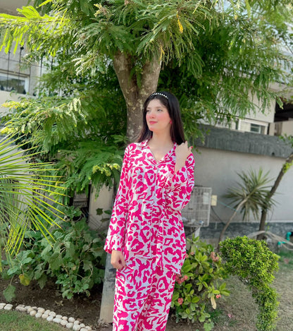 Pink Leopard Print 2-Piece Stitched Sleepwear