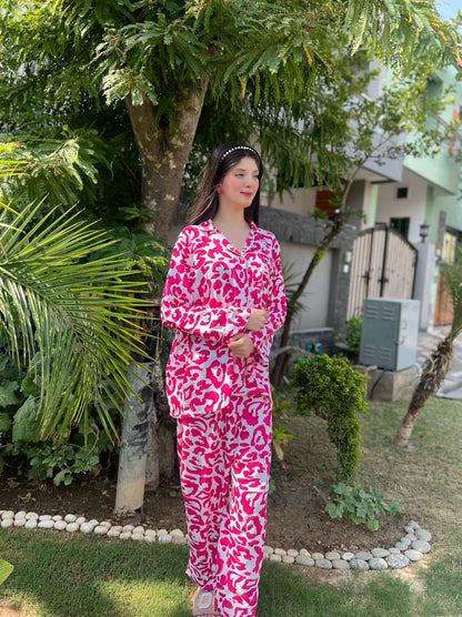 Pink Leopard Print 2-Piece Stitched Sleepwear
