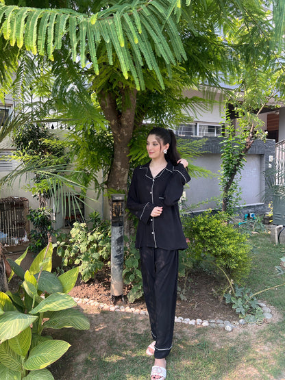 Plain Black 2-Piece Stitched Sleepwear