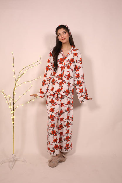 Red Flower – Linen Winter PJ Set