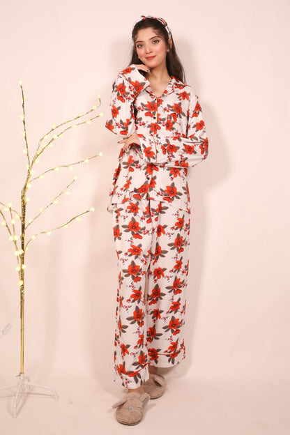 Red Flower – Linen Winter PJ Set