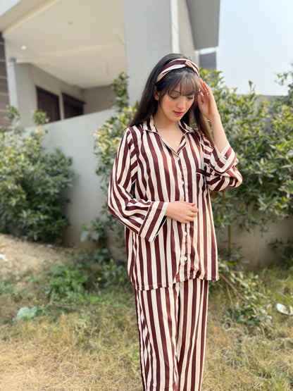 Brown strips 2-Piece Stitched Sleepwear