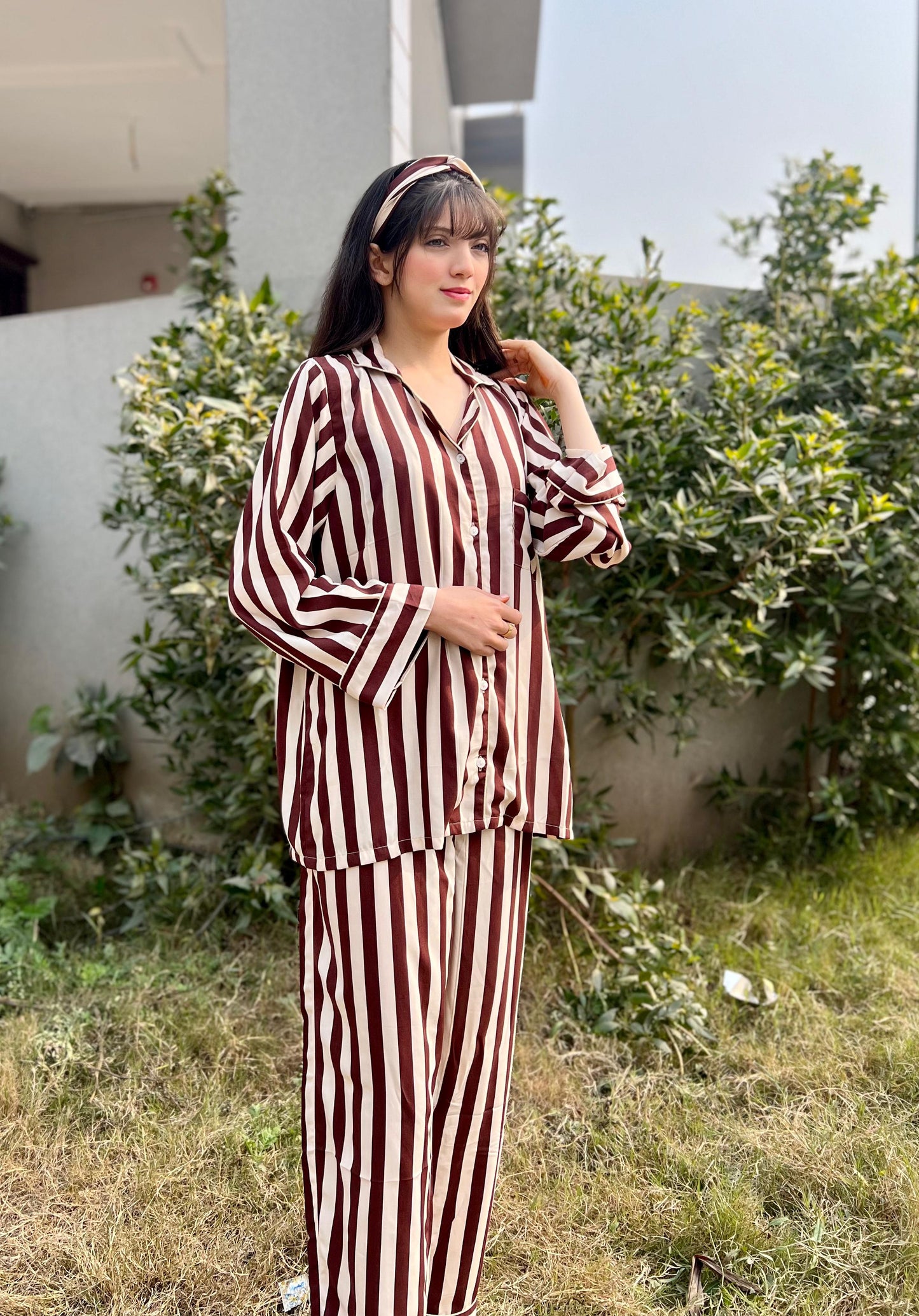 Brown strips 2-Piece Stitched Sleepwear
