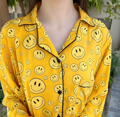 Yellow Smilies Print 2-Piece Stitched Sleepwear